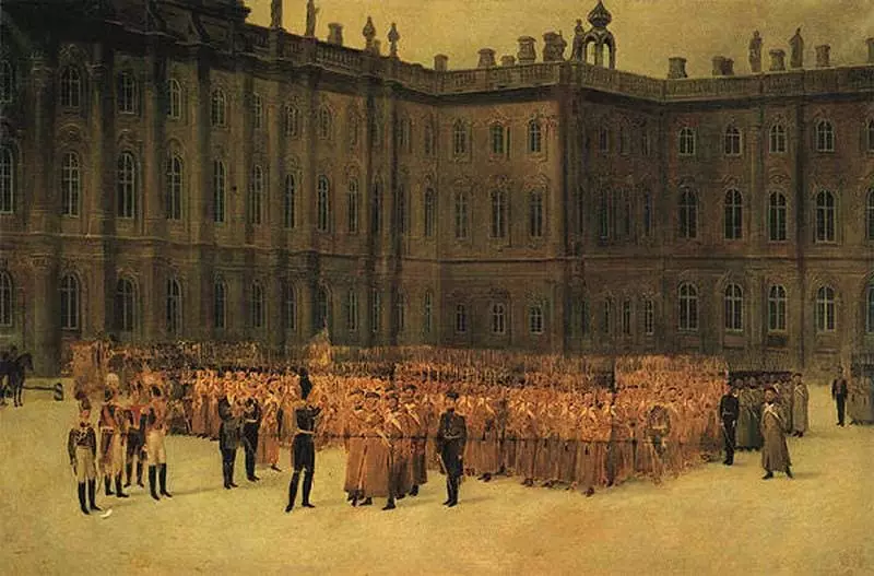 Nicholas I davant de l'edifici de la Guàrdia Viatge del Batalló Sapper al pati del palau d'hivern el 14 de desembre de 1825