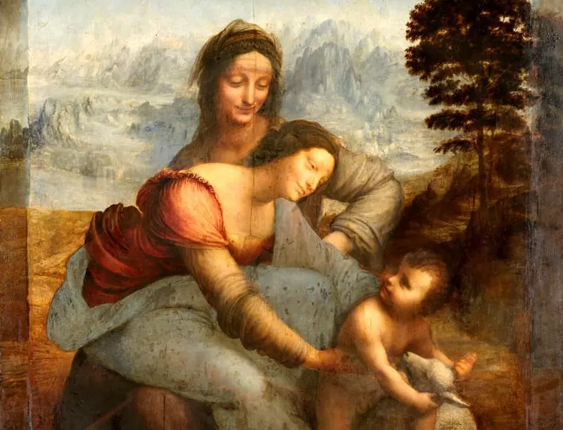 Jėzus Kristus, Mergelė Maria ir Šv. Anna. Menininkas Leonardo da Vinci