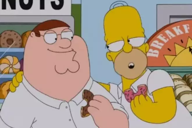 Peter Griffin en Homer Simpson eten donuts