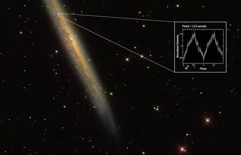 NGC 5907 Galaxy-ren argazkia, hau da, Pulsar NGC 5907 X-1 (https://sci.esa.int/web/xmm-Newton/web/xmm-Newton/web/XMM-NEWTON/WEB/58819-NGC-5907-x1-record-breaking Pulsar)
