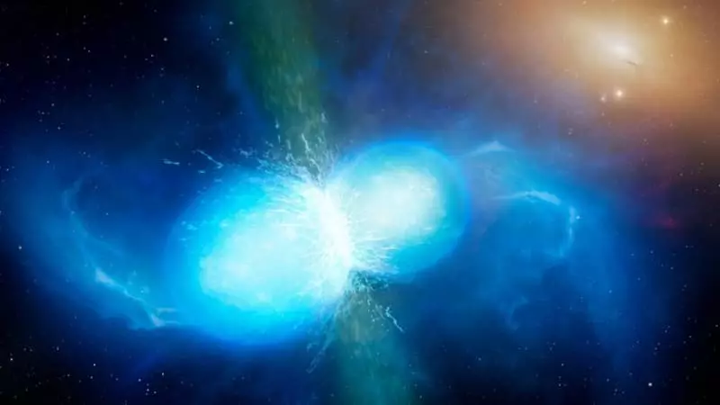 Mesclar de duas estrelas de nêutrons, ESO & University of Warwick / Mark Garlick (https://www.eso.org/public/italy/images/eso1733s/)