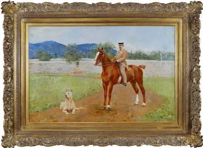 Retrato de Giacomo Puccini a cabalo preto do lago Massachukkol