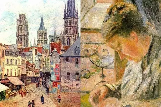 Foto's van Camille Pissarro "Epsierstraat, Rouen" en "Portret van Madame Pissarro vir borduurwerk voor die venster"