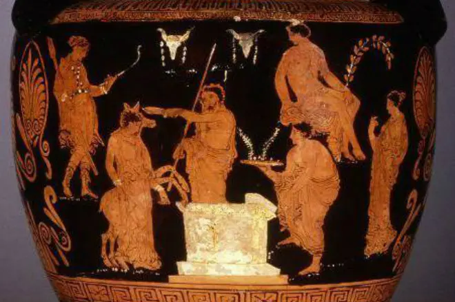 Amphora con un fragmento de la tragedia de Eschila.