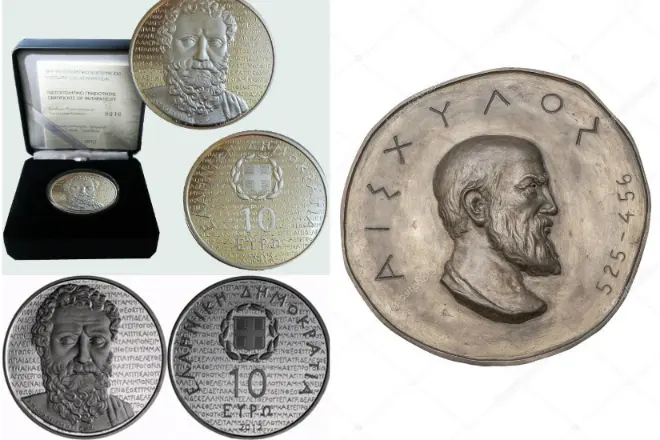 Monedas griegas con la imagen de Eschil.