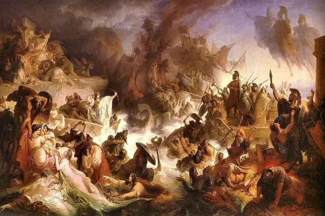 Битва при Саламіні - основа сюжету «персів» Есхіла. Картина В. фон Каульбаха