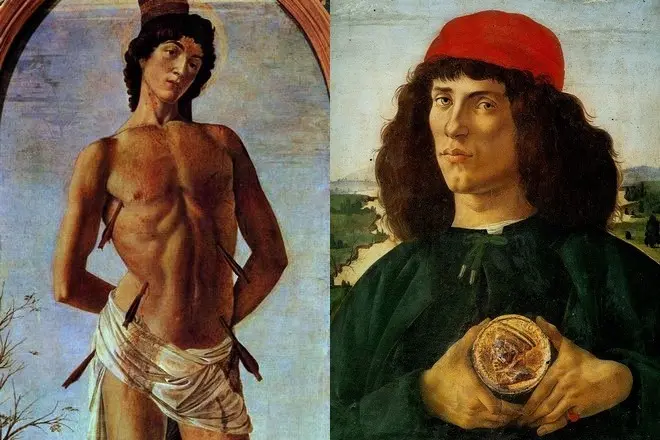 Foto's van Sandro Botticelli "Saint Sebastian" en "Portret van 'n onbekende met 'n medalje van Kozimo Medici Ouer"