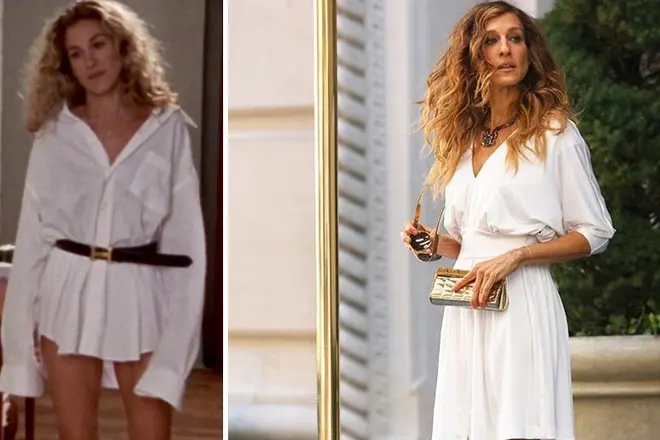 Carrie Bradshaw trong một chiếc áo sơ mi trắng và trong một chiếc váy trắng