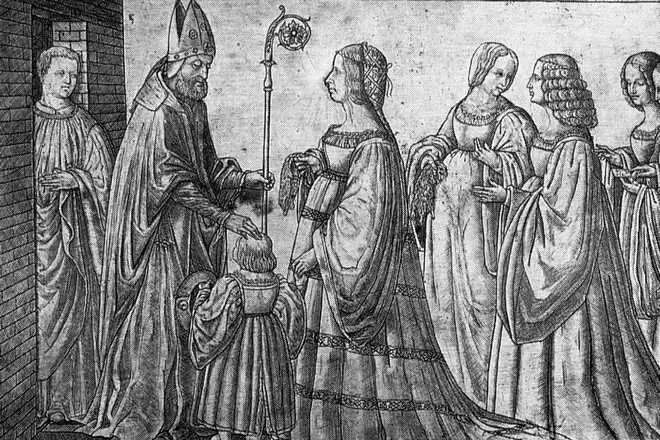 Лукреция на Борджия и нейният син Еркол приемат благословията на Св. Мауриелия