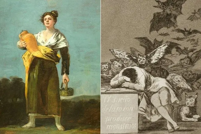 Francisco Goya'nın "Bir sürahi olan kız" ve "uyku uykusu canavarlara yol açıyor"