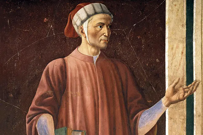 Данте Аліг'єрі на фресці Андреа дель Кастаньо (1450, Галерея Уффіці)
