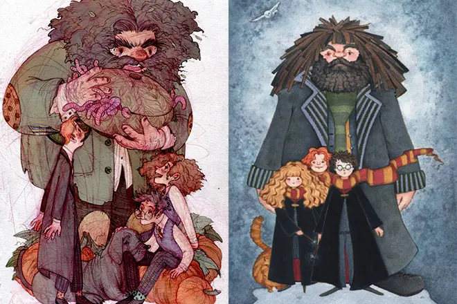 Hagrid og hans venner Harry Potter, Ron Weasley og Hermione Granger