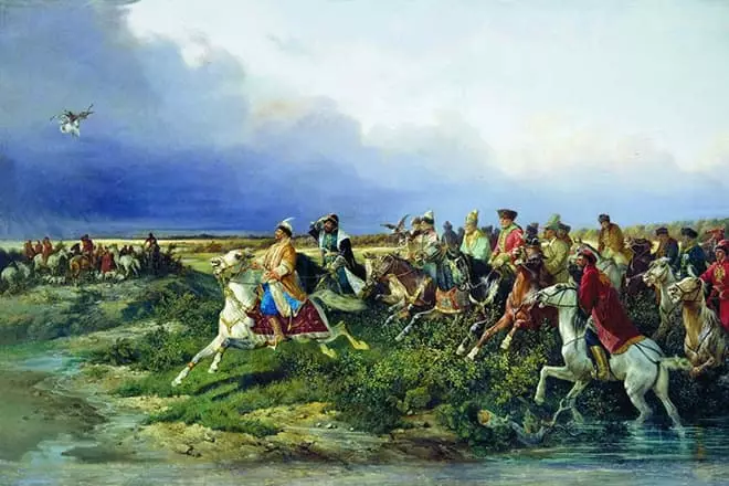 Цар Аляксей Міхайлавіч з баярамі на сакалінае паляванні