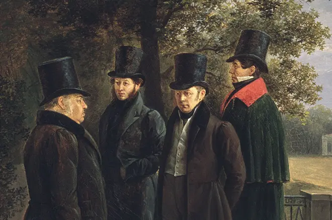 Ivan Krylov, Alexander Pushkin, Vasily Zhukovsky și Nikolai Galotch în grădina de vară