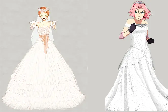 Sakura Harnoo vestuvių suknelėje