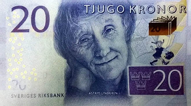 Banknote nrog daim duab ntawm Astrid Lindgren