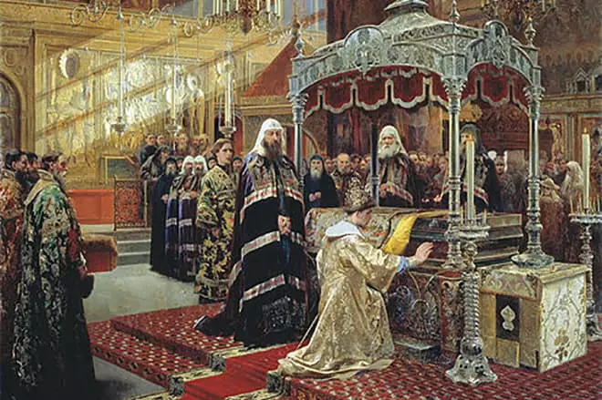 Patriarca Nikon e Tsar Alexey Mikhailovich prima della tomba di San Philip
