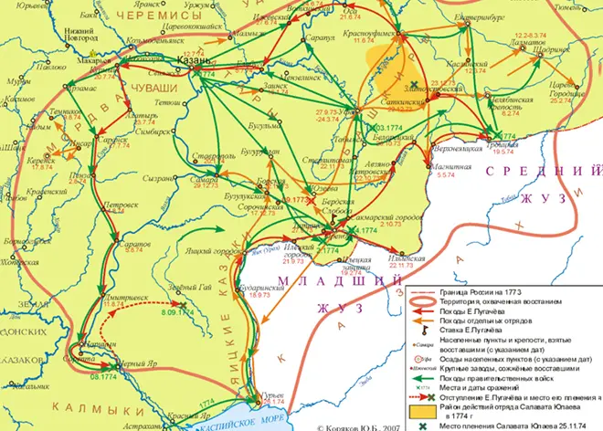 Mapa da revolta de Emelyan Pugacheva