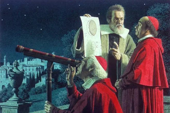 Galileo Galilea wys 'n teleskoop pous Paul V