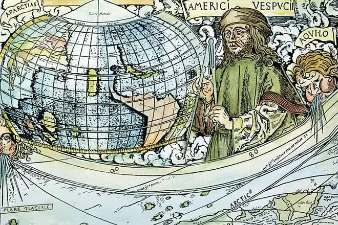 विश्व मानचित्र पर Amerigo Vespucci का पोर्ट्रेट