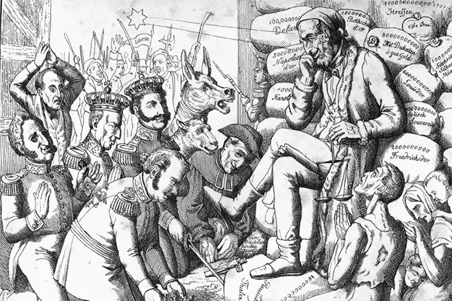 Karikatúra, amely az európai uralkodókat a Mayer Rothschild lábánál ábrázolja