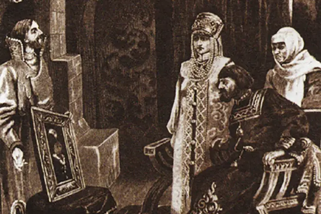 Посол Іван Фрязіно вручає Івану III портрет його нареченої Софії Палеолог