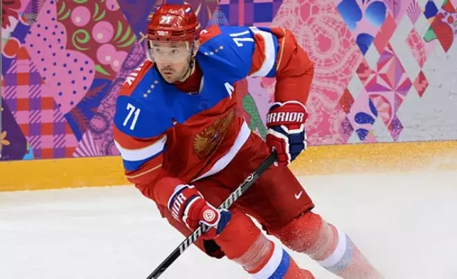 Ilya Kovalchuk como parte do equipo nacional ruso nos Xogos Olímpicos de Sochi