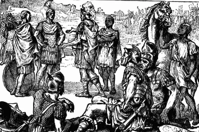 Reunión de SziPion y Hannibal antes de la batalla en el reemplazo.