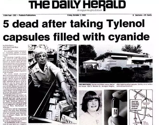 La Daily Herald-titolo de la 1-a de oktobro 1982: 5 homoj mortis post preni Tyleton-kapsulojn kun cianido ene (foto: https://www.dailyherald.com/)